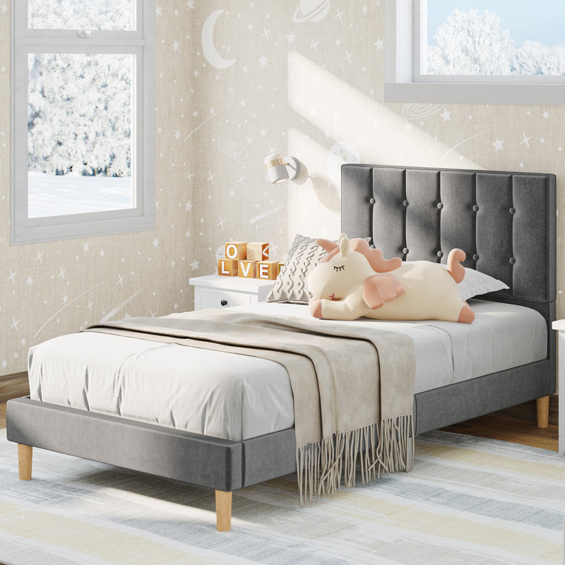 Mercer41 Gurit 43 Modern Twin Bed Frames with Upholstered Velvet Headboard Low Profile Design with Strong Wooden Slats No Box Spring Needed and Noise Free Reviews Wayfair